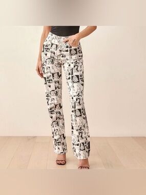 REFORMATION COMIC PRINT JEANS HIGH RISE STRAIGHT LEG BLACK WHITE SIZE 25